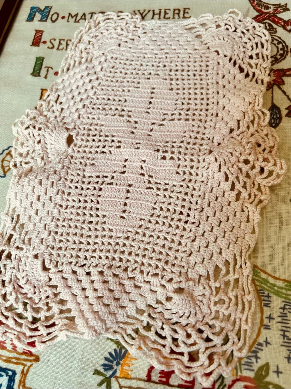 Handmade Crocheted Pink Rectangular Doily